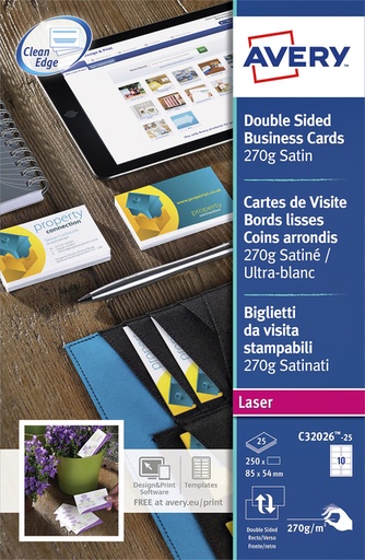 [541413] Carte de visite Avery C3026-25 2-faces 270g 250 pièces
