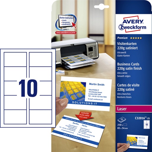 [817496] Cartes de visite Avery C32016-25 85x54mm 220g 250 pièces
