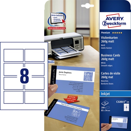 [541424] Carte de visite Avery C32015-25 85x54mm 260g mat 200 pcs