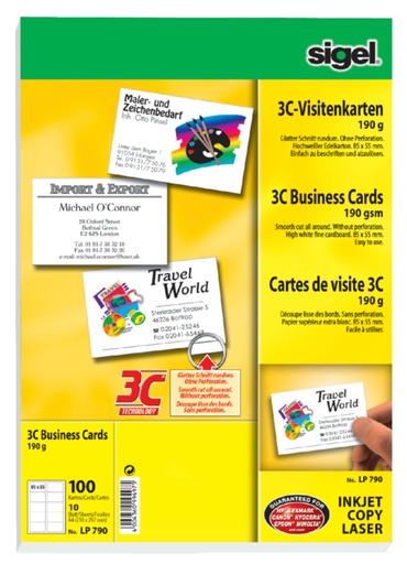 [541462] Cartes de visite Sigel 85x55mm uni 190g coins arrondis blanc 100 pièces
