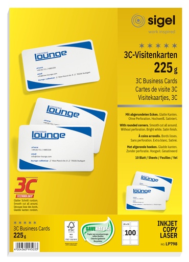 [541464] Cartes de visite Sigel 85x55mm uni 225g coins arrondis blanc 100 pièces