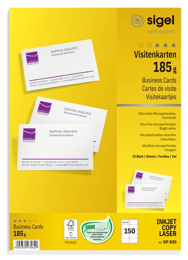 [541479] Visitekaart Sigel 85x55mm blanco 185gr wit 150 stuks