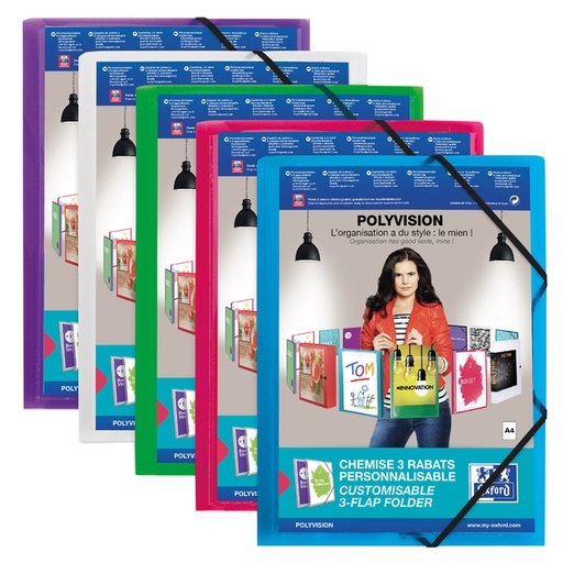 [510259] Chemise à élastique Oxford Polyvision A4 pochette d'insertion 3 rabats PP assorti