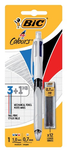 [616424] Balpen Bic 3kleuren met vulpotlood HB 0.7mm medium wit blister à 1st