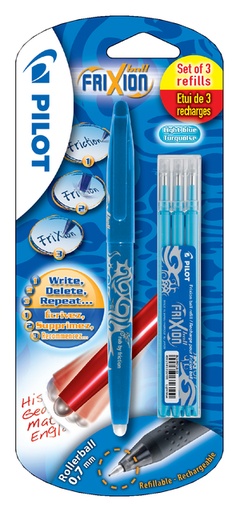 [636127] Rollerpen PILOT friXion medium lichtblauw blister à 1 stuk + 3 vull