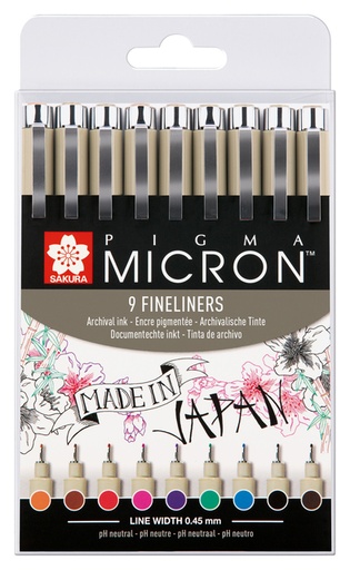 [632638] Fineliner Sakura Pigma Micron étui de 9 pièces assorti