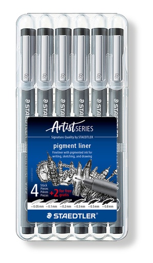 [633220] Fineliner Staedtler Pigment 308 zwart set 4+2 gratis
