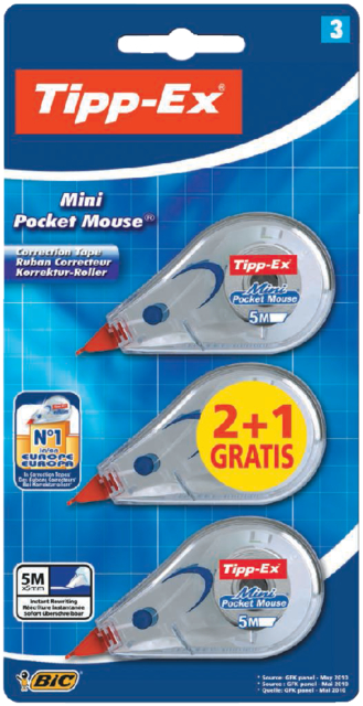 Correctieroller Tipp-ex mini pocket mouse 5mmx6m blister 2+1 gratis