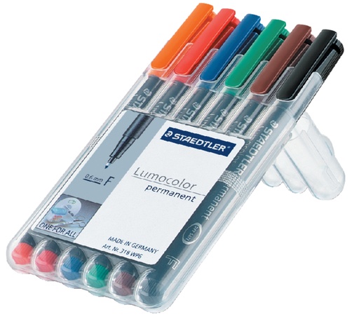 [920536] Viltstift Staedtler Lumocolor 318 permanent F set à 6 stuks assorti