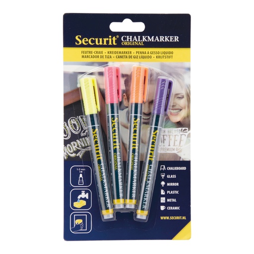 [631286] Feutre-craie Securit SMA-100 ogive 1-2mm jaune/orange/rose/violet blister 4 pièces