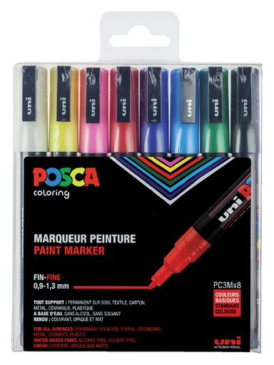 [630967] Paintmarker Uni POSCA PC3M fijn assorti set à 8 stuks