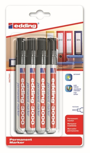 [630051] Marqueur edding 3000 ogive 1,5-3mm noir blister 4pcs