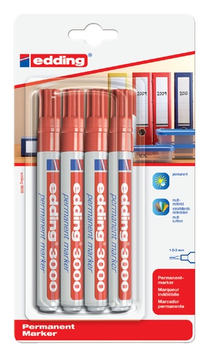 [630052] Viltstift edding 3000 rond 1.5-3mm rood blister à 4 stuk