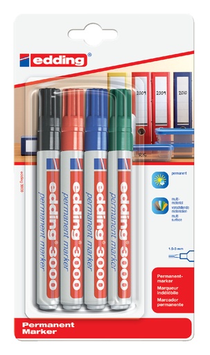 [630059] Marqueur edding 3000 ogive 1,5-3mm assorti blister 4 pièces