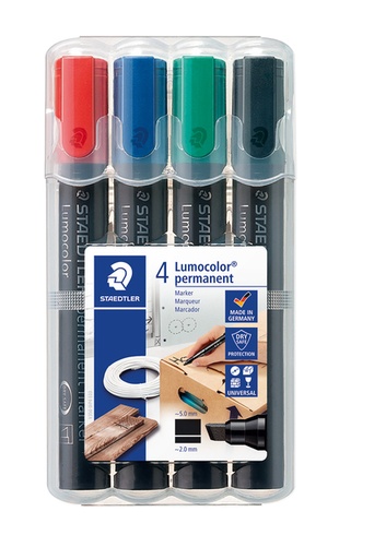 [631379] Viltstift Staedtler Lumocolor 350 permanent schuin set à 4 stuks assorti