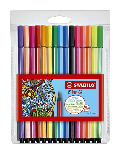 [633241] Feutre STABILO Pen 68/15 Medium étui 10+5 couleurs néon