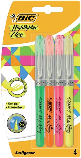 [635190] Surligneur BIC Flex assorti blister 4 pièces