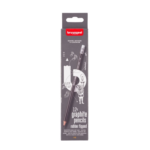 [640121] Crayon graphite graphite Bruynzeel Teens HB avec embout gomme set 12 duretés gris