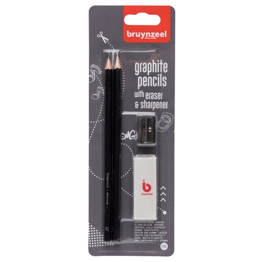 [640318] Crayon graphite Bruynzeel Teens HB avec gomme et taille-crayon blister 2 pièces