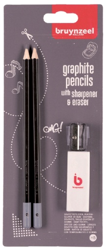 [640318] Crayon graphite Bruynzeel Teens HB avec gomme et taille-crayon blister 2 pièces