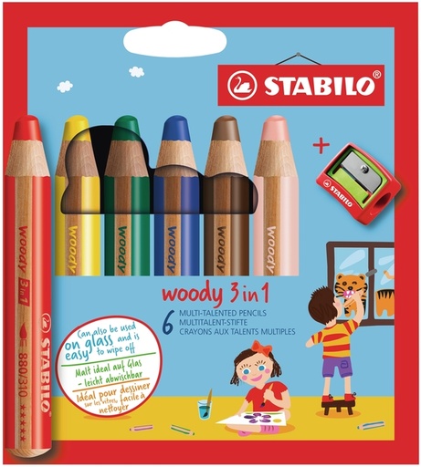 [640441] Kleurpotloden STABILO 880 woody 3 in 1 assorti etui à 6 stuks