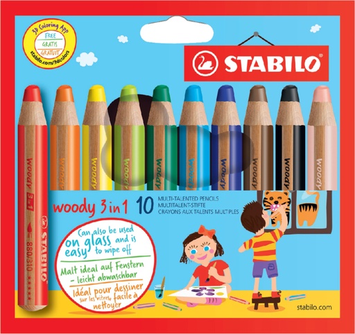 [640440] Kleurpotloden STABILO 880 woody 3 in 1 assorti etui à 10 stuks