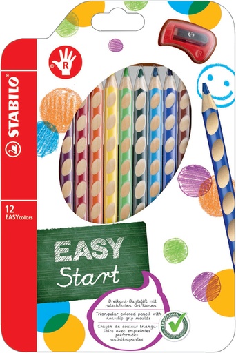 [640493] Crayons de couleur STABILO 331 Easycolors droitier + taille-crayon assorti 'setui 12 pièces