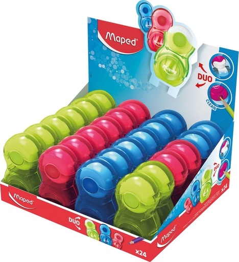 [720035] Taille-crayon Maped Loopy avec gomme 1 trou présentoir 24 pièces assorti