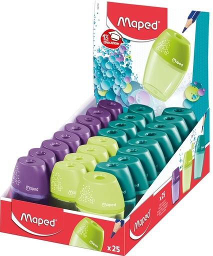 [340208] Taille-crayon Maped Shaker 1 trou présentoir 25 pièces assorti