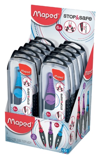 [710003] Compas Maped Stop & Safe 3 parties présentoir 10 pièces assorti