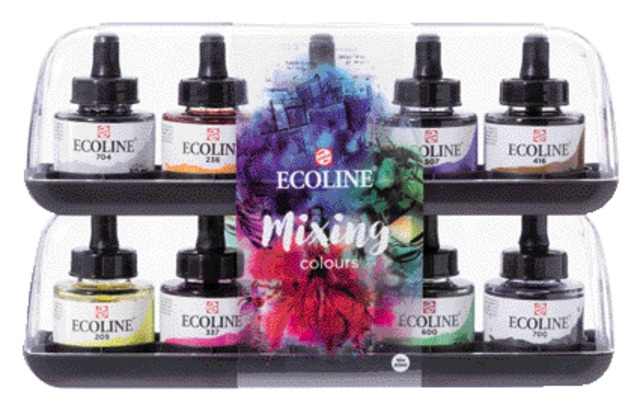 Encre Talens Ecoline avec piptette set additionel 10 couleurs assorties