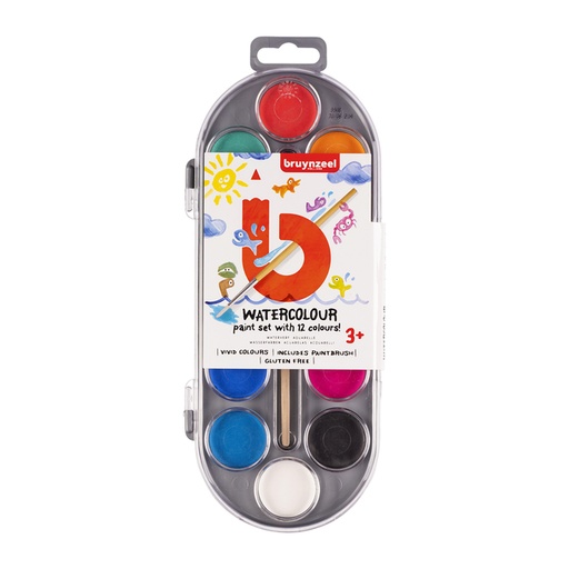 [640619] Peinture à l'eau Bruynzeel Kids avec pinceau set 12 pastilles assorti