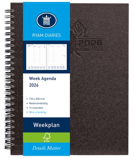 [900072] Agenda 2026 Ryam Weekplan Wire-o 7 jours/2 pages noir