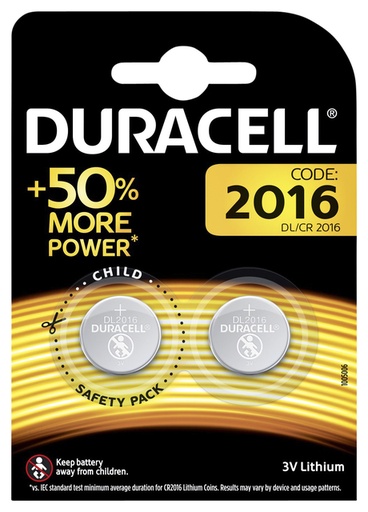 [413634] Pile bouton Duracell 2x CR2016 lithium Ø20mm 3V-90mAh