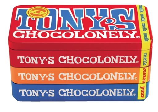 [891881] Chocolade Tony''s Chocolonely puur-melk en karamel zeezout blik 540gr