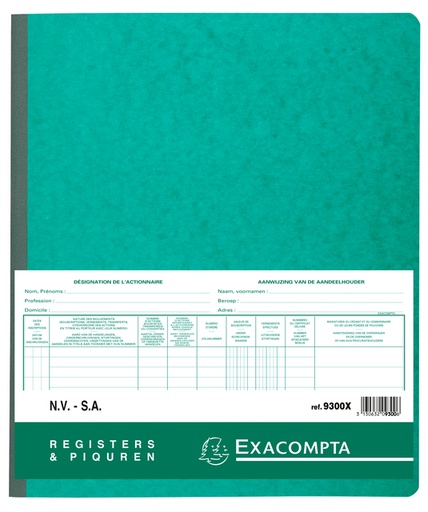 [010404] Registre Piqûre actionnaires NV/SA 250x320mm 80 feuilles vert