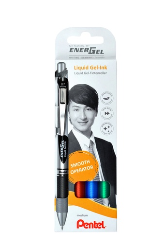 [614448] Gelschrijver Pentel BL77 Energel medium zwart-rood-blauw-groen blister à 4 stuks
