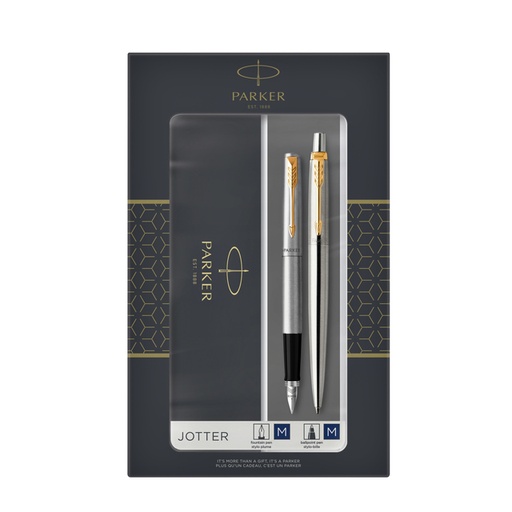 [614431] Balpen en vulpen Parker Jotter stainless steel GT medium 2 stuks