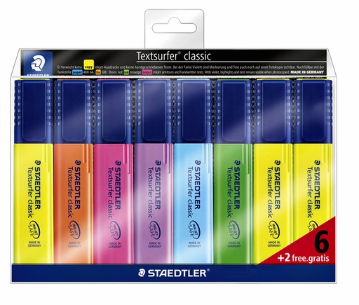 [635232] Surligneur Staedtler 364 Textsurfer set 6 pièces assorti + 2 jaune gratuits