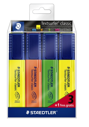 [635234] Surligneur Staedtler 364 Textsurfer set 3 pièces assorti + 1 jaune gratuit