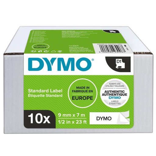 [817452] Labeltape Dymo LabelManager D1 polyester 9mm zwart op wit 10 stuks