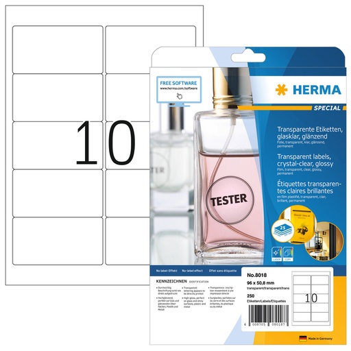 [817612] Etiket HERMA 8018 96x50.8mm transparant 250 stuks