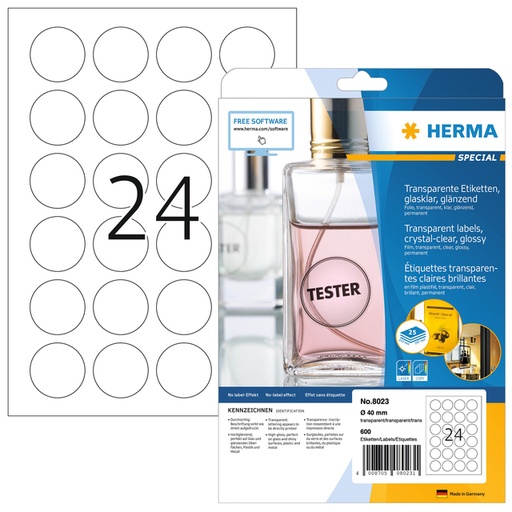 [817613] Etiket HERMA 8023 40mm rond transparant 600 stuks