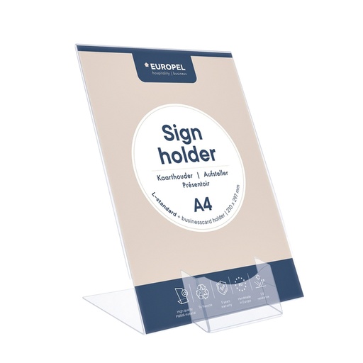 [506468] Présentoir de table Europel support L A4 portrait acrylique avec bac cartes de visite