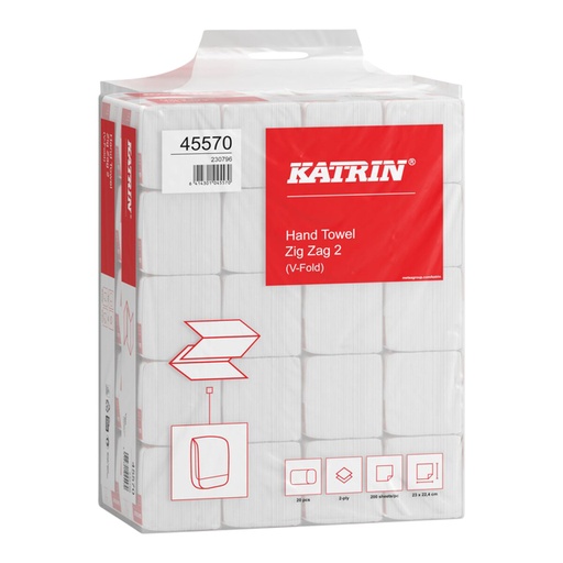 [892591] Essuie-mains Katrin 45570 pli-Z  2 épaisseurs 224x230mm blanc 20x 200 feuilles