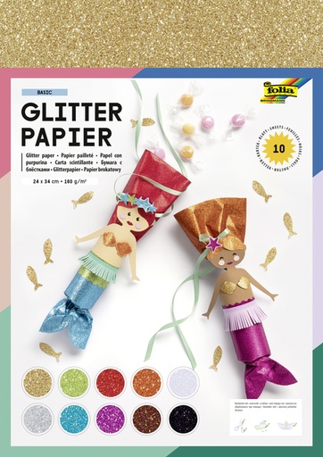 [142190] Glitterpapier Folia 1-zijdig 24x34cm 170gr 10 vel assorti
