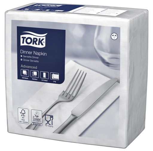 [892243] Serviette Tork Dinner 477554 2 épaisseurs pli 1/8 blanc 150 pièces