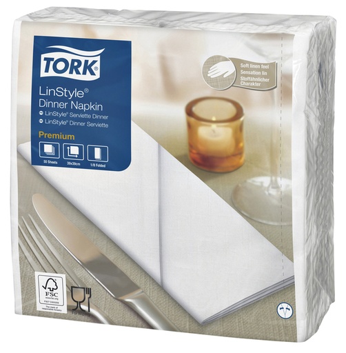 [892239] Serviette Tork 478145 LinStyle Dinner 1 épaisseur Pli 1/8 blanc 50 pièces