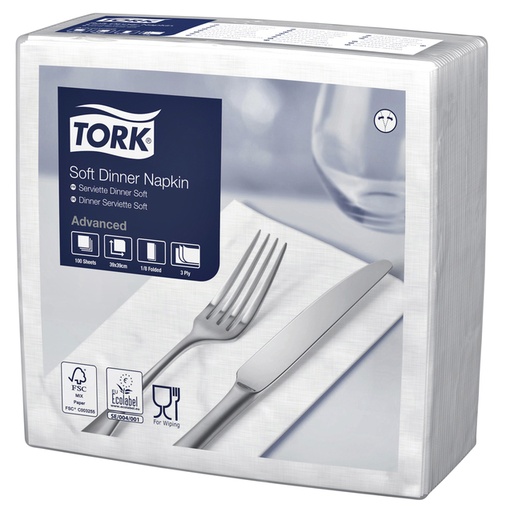 [892241] Serviette Tork 477579 Soft Dinner 3 épaisseurs pli 1/8 blanc 100 pièces