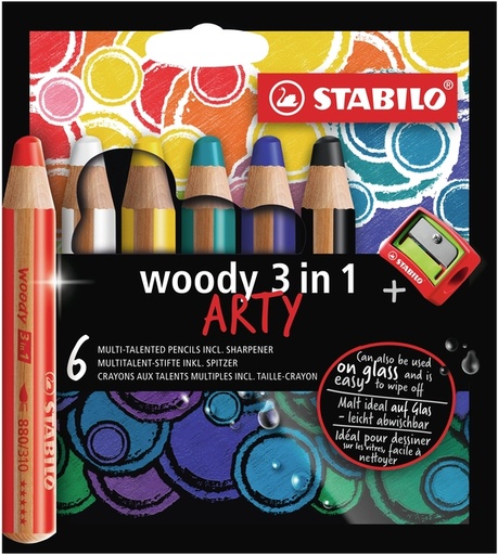 [640442] Crayon de couleur STABILO Woody 880 3-en-1 Arty + taille-crayon assorti 6 pièces